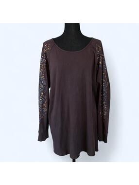 Quacker Factory Y2K McBling Bedazzled Brown Tunic Rhinestone Top Size 2X